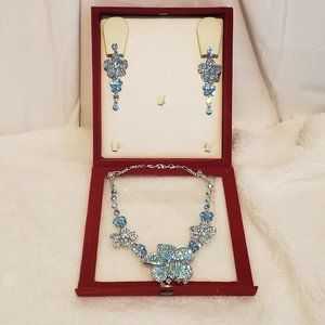 Vintage NIB Baby Blue AB Rhinestone Necklace and Earring Set